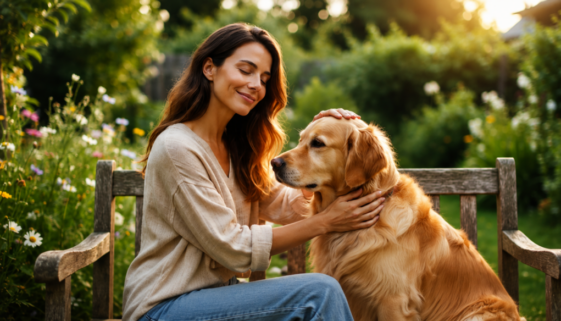 Mulher acariciando um cachorro em um jardim, representando a Comunicação Intuitiva Animal e a conexão natural entre humanos e animais.