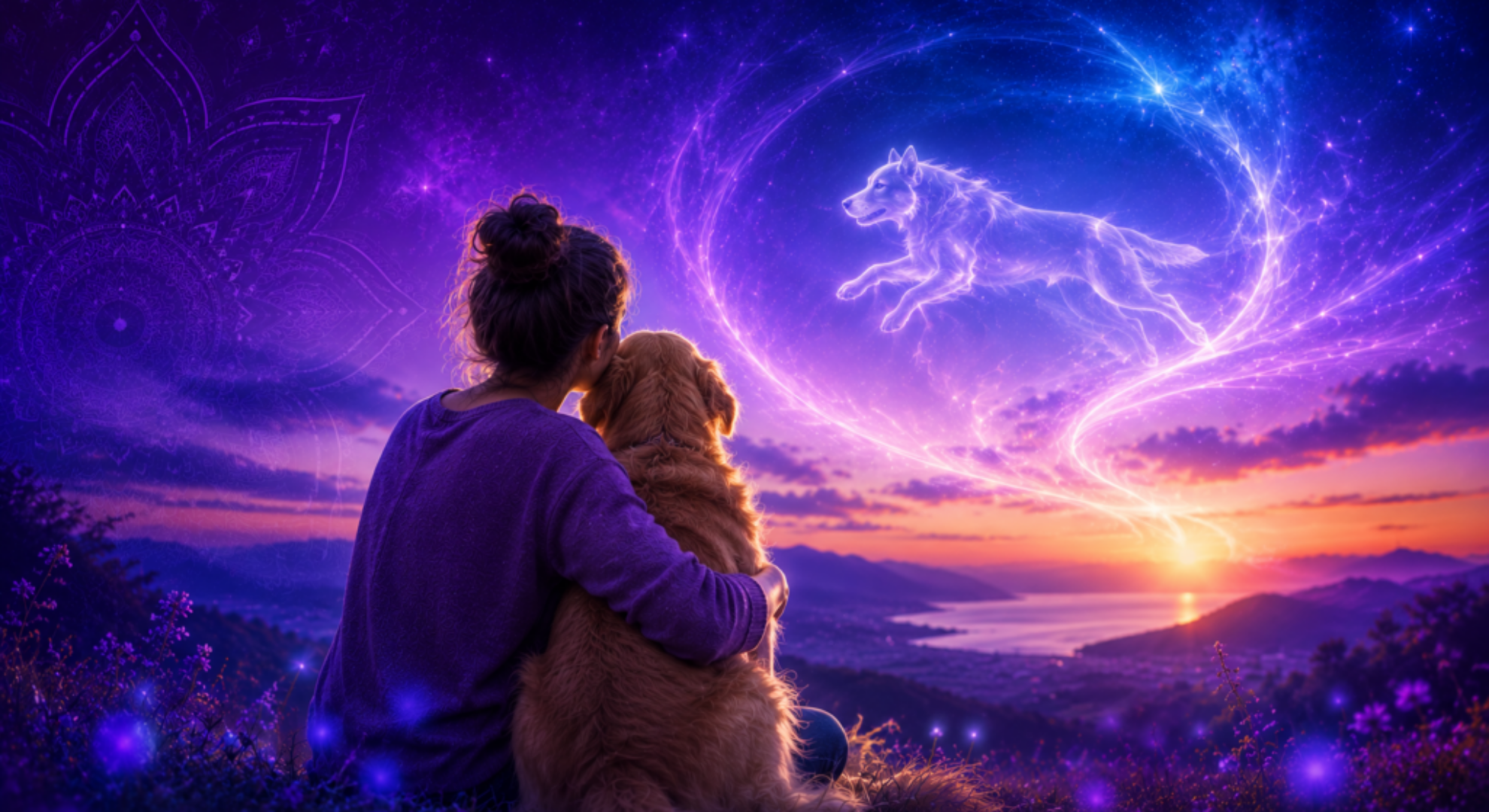 Mulher abraçando um cachorro sob um céu estrelado, simbolizando a continuidade da consciência e a espiritualidade dos animais.