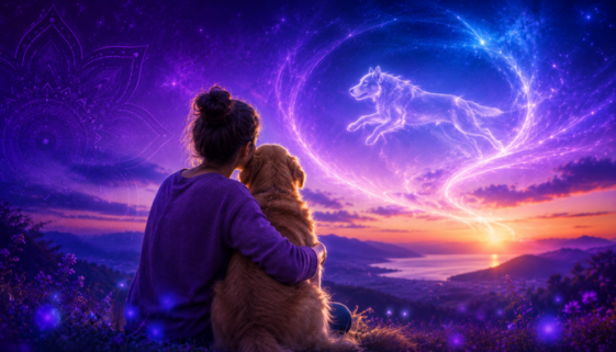Mulher abraçando um cachorro sob um céu estrelado, simbolizando a continuidade da consciência e a espiritualidade dos animais.