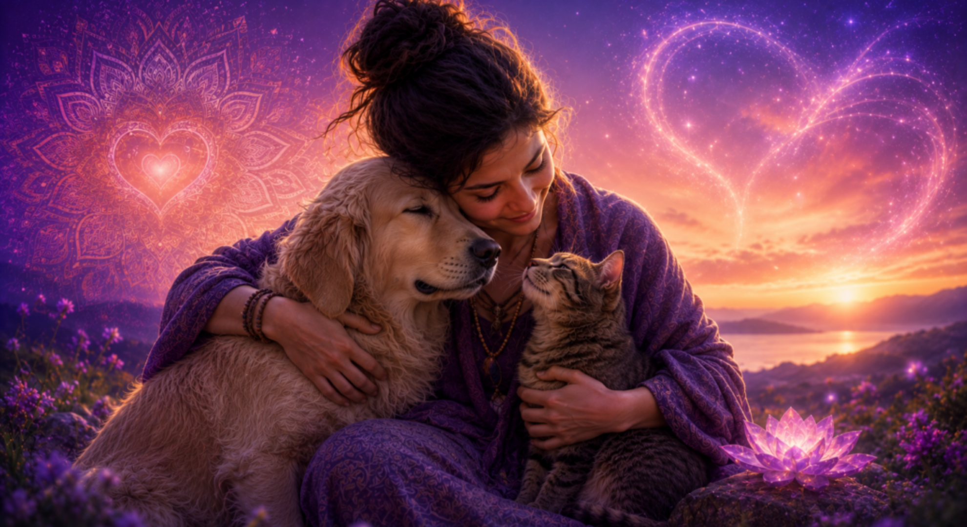 Ilustração de uma mulher abraçando um cachorro e um gato, representando o propósito espiritual dos animais, a conexão entre humanos e animais e o amor incondicional.