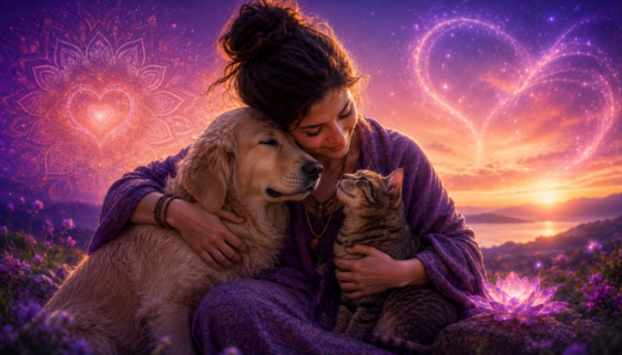Ilustração de uma mulher abraçando um cachorro e um gato, representando o propósito espiritual dos animais, a conexão entre humanos e animais e o amor incondicional.