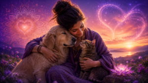 Ilustração de uma mulher abraçando um cachorro e um gato, representando o propósito espiritual dos animais, a conexão entre humanos e animais e o amor incondicional.