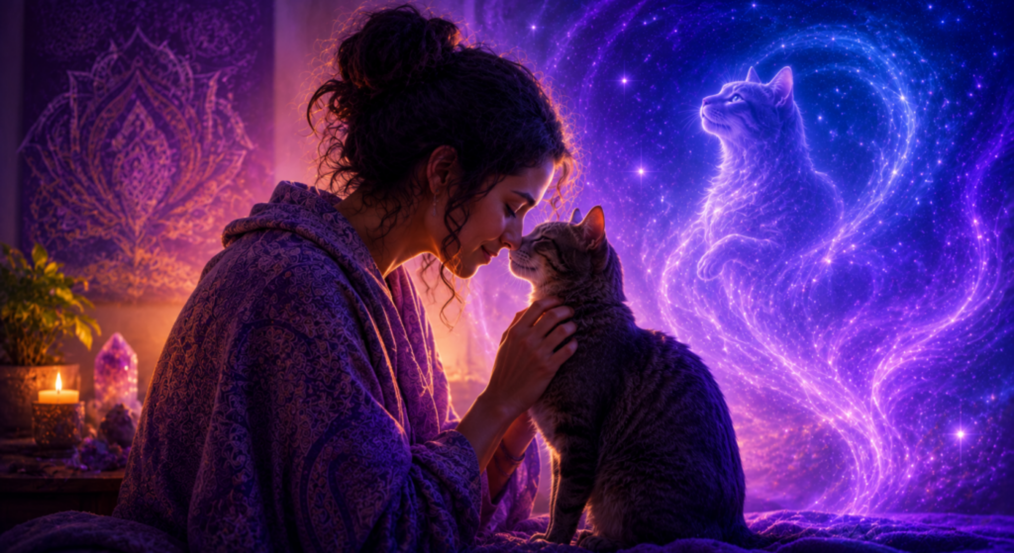 Mulher olhando para o gato e um espírito animal atrás