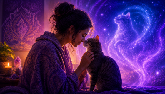 Mulher olhando para o gato e um espírito animal atrás
