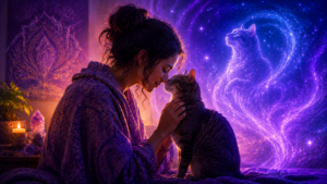 Mulher olhando para o gato e um espírito animal atrás