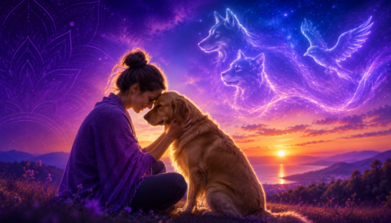 Ricardo Garé ao lado de um cachorro representando a profunda conexão espiritual entre humanos e animais.