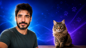 Como entender meu gato: médico-veterinário Ricardo Garé ao lado de um gato explicando como compreender melhor o comportamento felino através da Comunicação Intuitiva Animal.